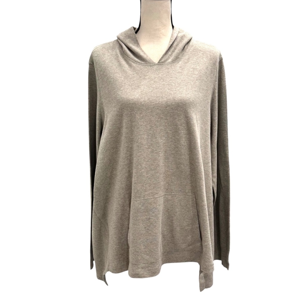 EILEEN FISHER TAN OATMEAL COTTON HOODED PULLOVER ASYMMETRICAL HEM & FRONT POCKET